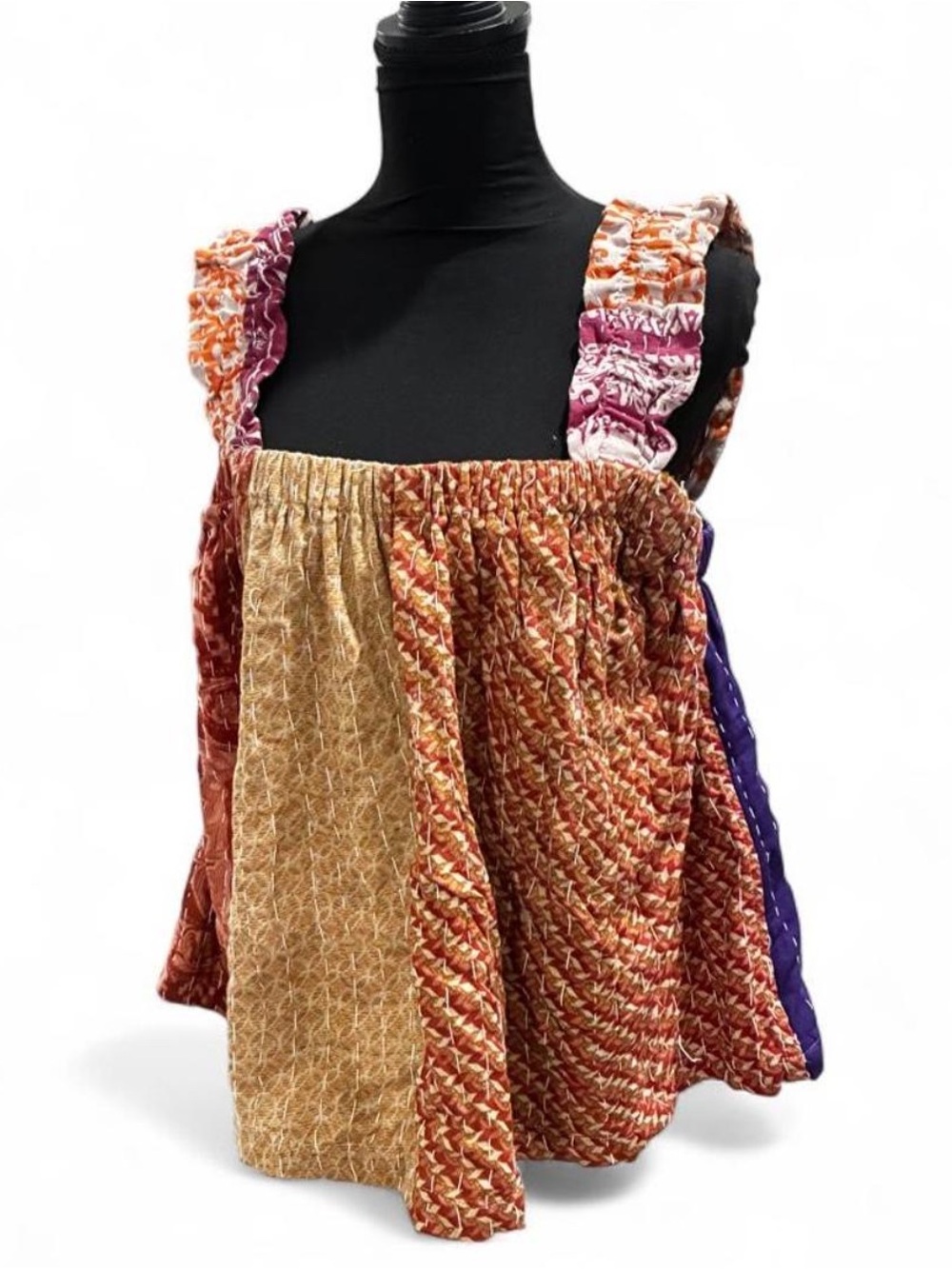 Kaantha Patchwork Smocked Sundress Top in Rust, Gold & Purple
